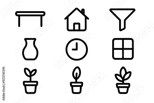 Minimalistic icons set on dark background featuring home, plants, and everyday objects