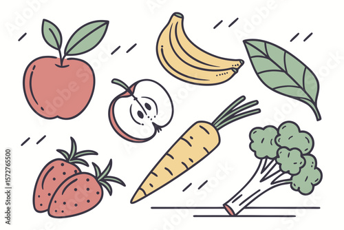 A colorful assortment of fruits and vegetables in a modern illustration