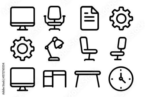 Office icon set with linear desk chair and gear designs for modern workspaces