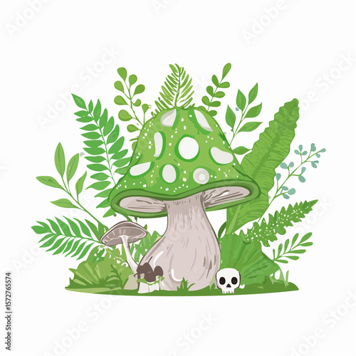 Set of cute hand drawn goblincore illustrations. Green witch aesthetic. Mushrooms, fern, herbs, toad, stump, skull elements for fairy witchcraft design. Cartoon herbology vector ...