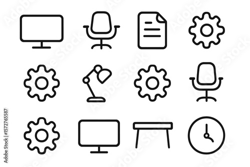 Minimalist office icons set: chair, monitor, document, gear, lamp, clock