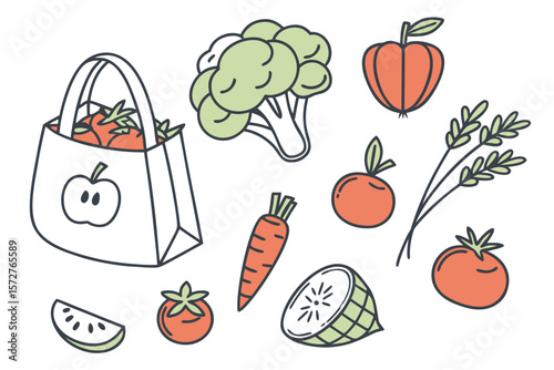 A variety of fresh fruits and vegetables are arranged with a shopping bag