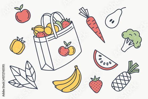 A variety of fresh fruits and vegetables with a shopping bag illustration