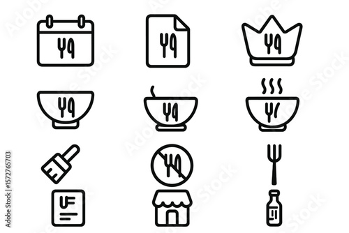 Set of minimalist icons with food and kitchen motifs on dark background