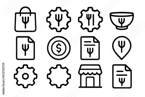 Black linear restaurant and business icon set on dark background