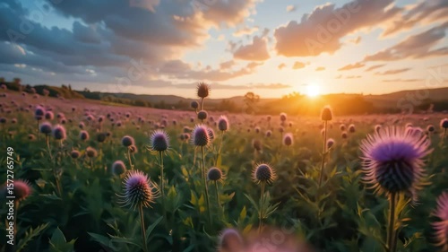 Thistle Flowers Blooming in Field at Sunset Golden Hour