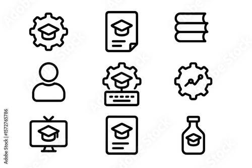 Online education icons: learning management, certificates, analytics, and resources