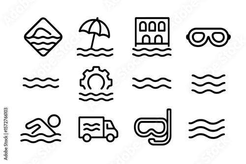 Set of water-themed black linear icons on gray background