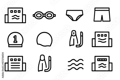 Linear swimming icons: gear and equipment set on dark background