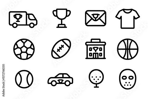 Sports and delivery icons set: trophy, ball, car, shirt, and more