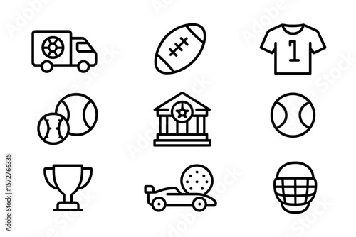 Sports icon set featuring linear silhouettes of equipment and awards