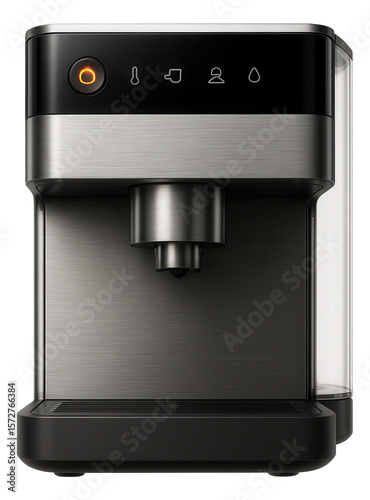Coffee machine with a brushed metal finish and app-synced cleaning cycles for maintenance management