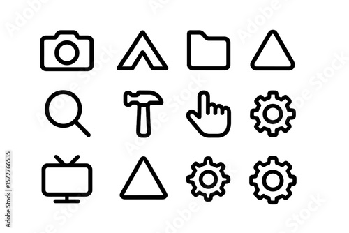Minimalist black outline icons on dark background for user interfaces and apps