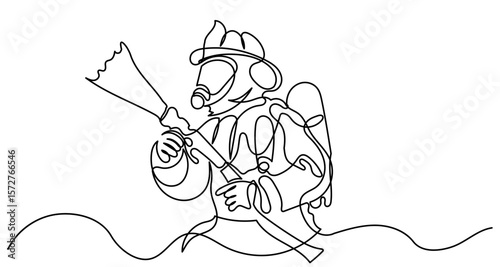 One-line drawing of a firefighter in gear using a hose to spray water, with swirling lines representing the water flow. The image captures action, bravery, and dedication in a minimalist style
