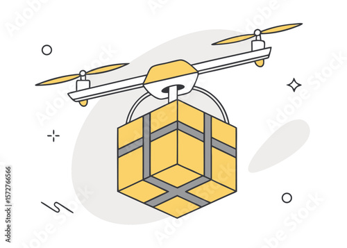 Yellow drone carrying box in mid-air illustration delivery