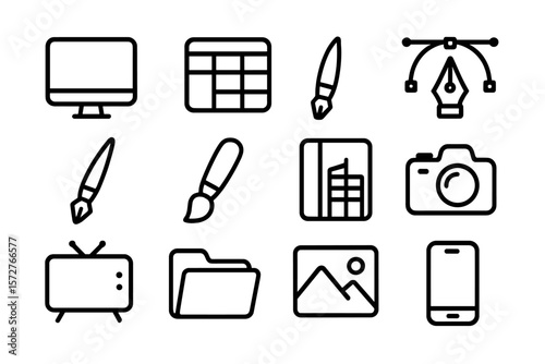 Minimalistic technology and design icons set on dark background