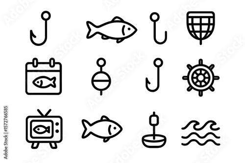 Fishing icons set: outline style depicting hooks, fish, and nautical elements