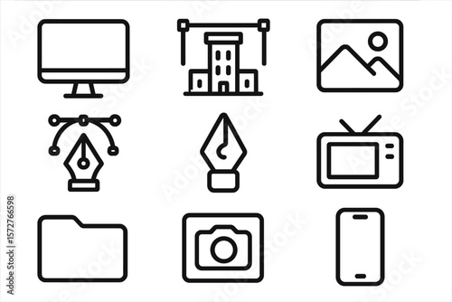 Minimalistic icon set featuring technology and creative design elements