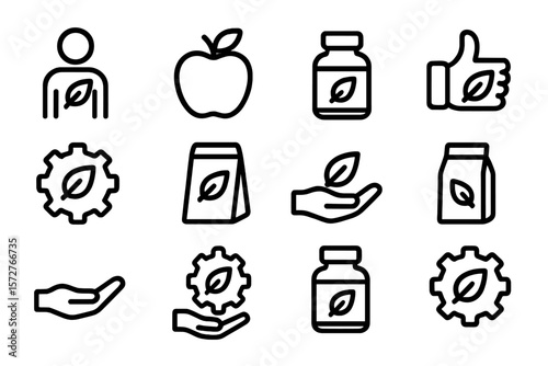 Eco-friendly icons set: sustainable products, organic health, green living