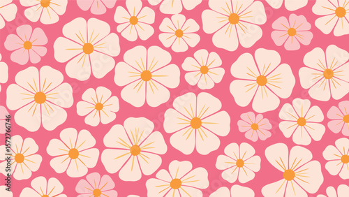Seamless pattern featuring white and light pink flowers with yellow centers on a pink background design