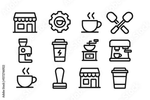 Coffee shop and equipment icons in linear style on dark background
