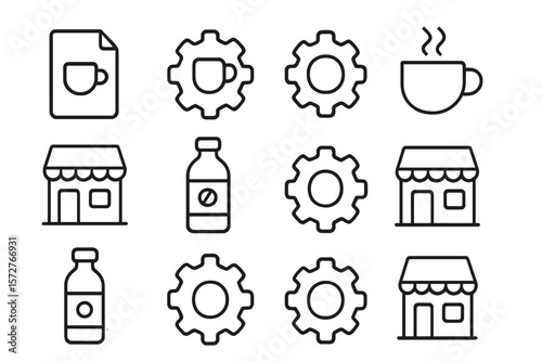 Coffee shop icon set featuring gears, bottles, and cafes in outlined style