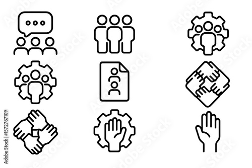 Teamwork icons set: flat human resources and collaboration symbols