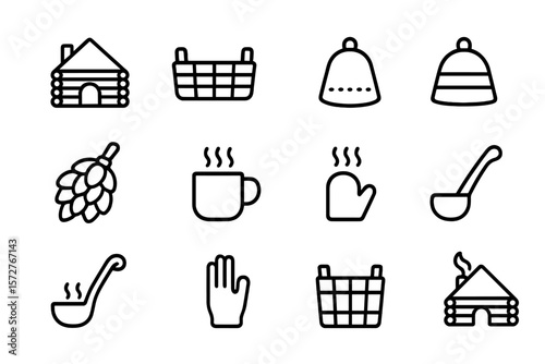 Sauna essentials icons in linear style featuring log cabin and steam elements