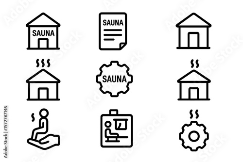 Minimal sauna icons set: 9 line art symbols for relaxation and wellness