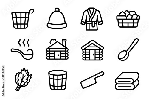 Traditional sauna icons set on dark background with linear design