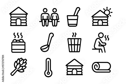 Icons of sauna and spa: essential elements in simple black linear design