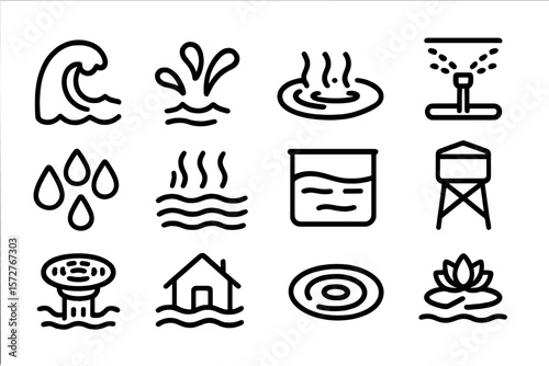 Water icons set: wave, splash, hot springs, sprinkler, drops, pond, reservoir