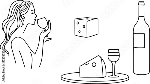 Wine Tasting with Woman, Bottle, Glass, and Cheese - Black and White Line Art Vector

