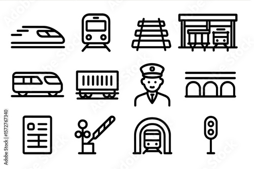 Train icons: railway, transportation, and infrastructure in linear style