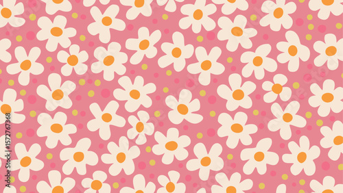 Pink background with a pattern of white daisies and small yellow and pink polka dots scattered about