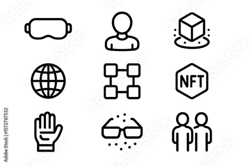 Modern technology icons: virtual reality, blockchain, nft, and global connectivity