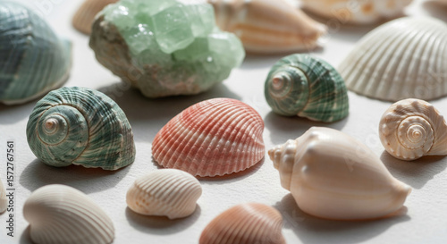 Assortment of various seashells and green crystal on white surface, showcasing natural textures and colors, representing summer, beach, ocean, and relaxation