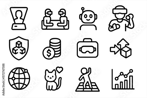Modern technology icons: virtual reality, cryptocurrency, ai, and robotics in linear style