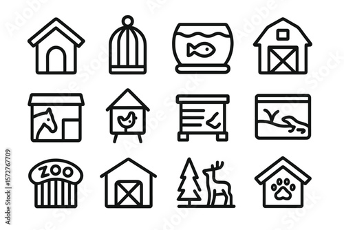 Animal shelter icons: outline series featuring pets and wildlife