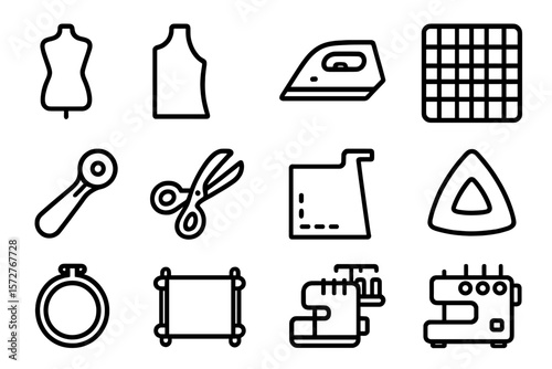Sewing tools icon set featuring outline style elements for tailoring