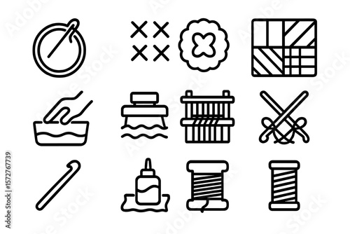 Linear icons of sewing and crafting tools on dark background