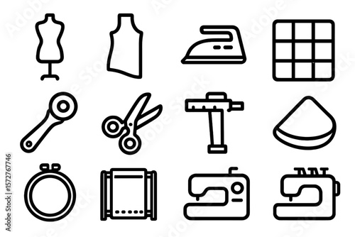 Sewing tools icons set: simple linear design with dark background