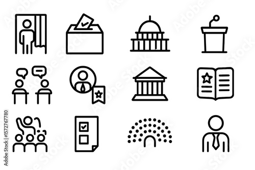 Political icons: voting, debate, and government symbols in linear style