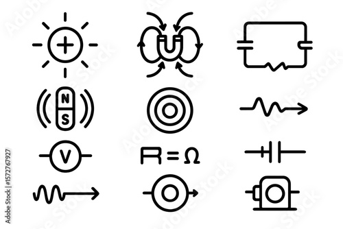 Minimalist physics icons set featuring magnetism, voltage, and circuit symbols