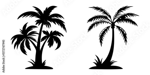 Palm tree silhouette vector set. Includes various black tropical palm tree shapes in minimal style. Isolated on white, perfect for summer, travel, and nature-themed designs.