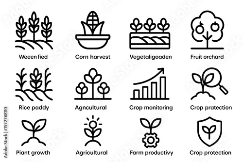 Modern agriculture icon set featuring plant growth and crop management in linear style