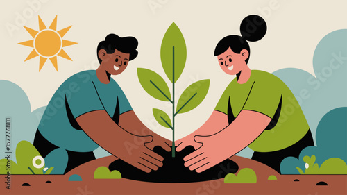 diverse couple planting a tree together under the sun, vector illustration for reforestation, community planting and environmental conservation
