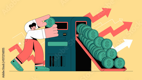 investor calculating return on investment with a money-making machine, vector illustration for roi analysis, profit generation and financial growth