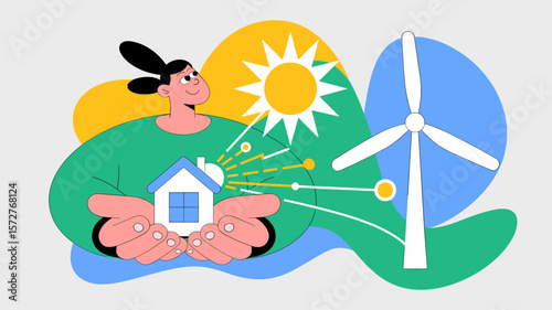woman holding a house powered by sun and wind turbine, vector illustration for renewable energy sources, sustainable living and green power