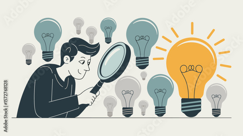 innovator with magnifying glass searching for the right idea among lightbulbs, vector illustration for creativity, innovation and problem solving